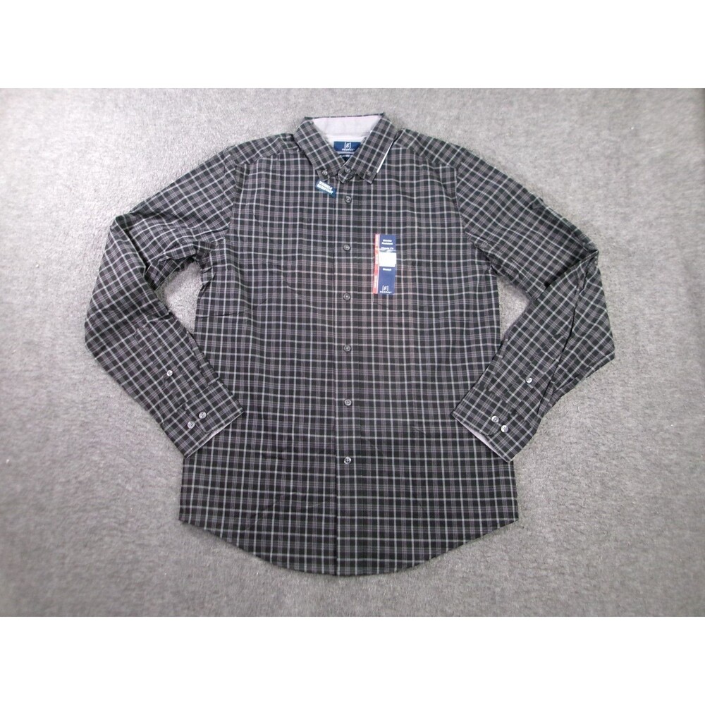 George Shirt Men Small Black Plaid Classic Fit Stretch Casual Preppy Office New